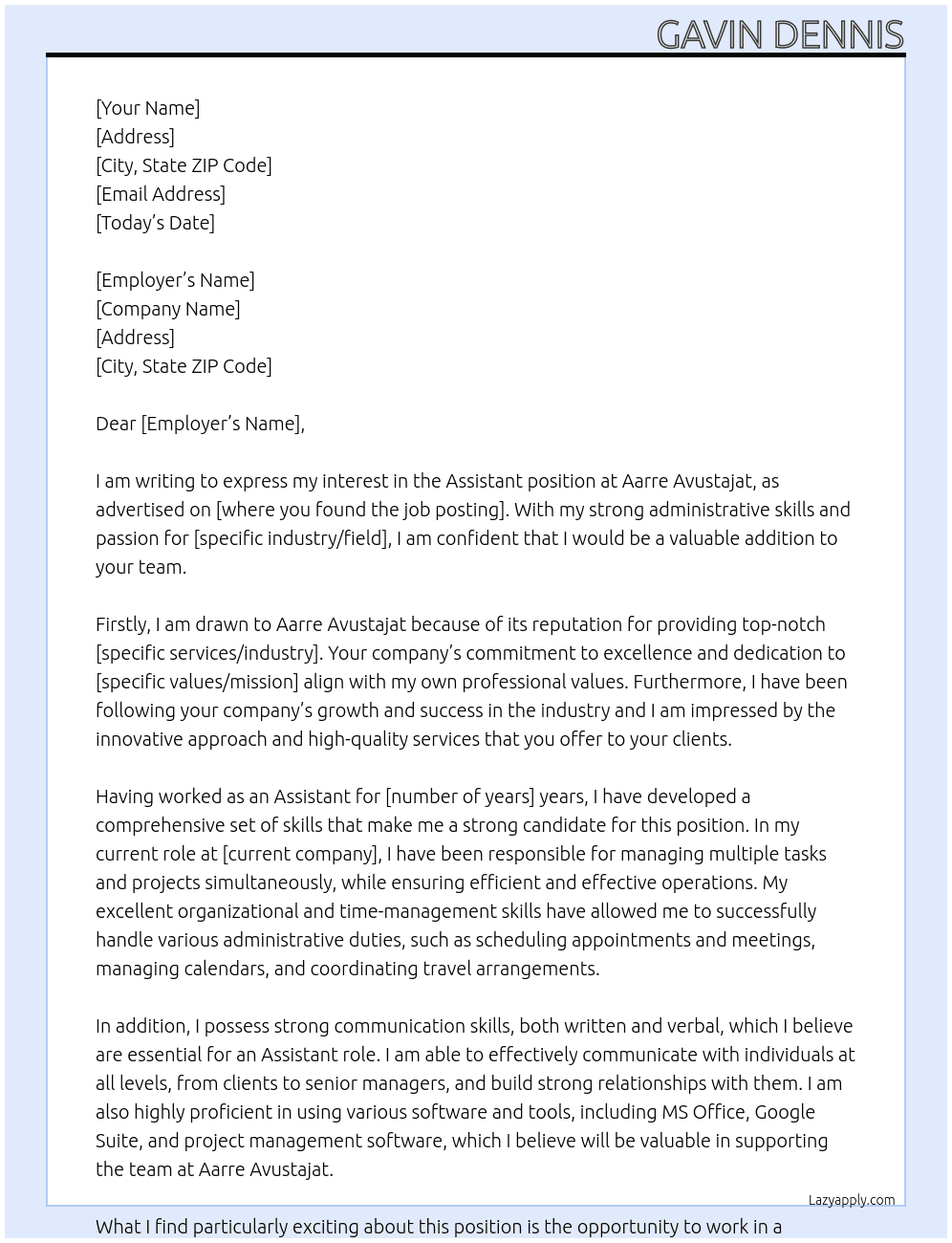 Assistant At Aarre Avustajat Cover Letter