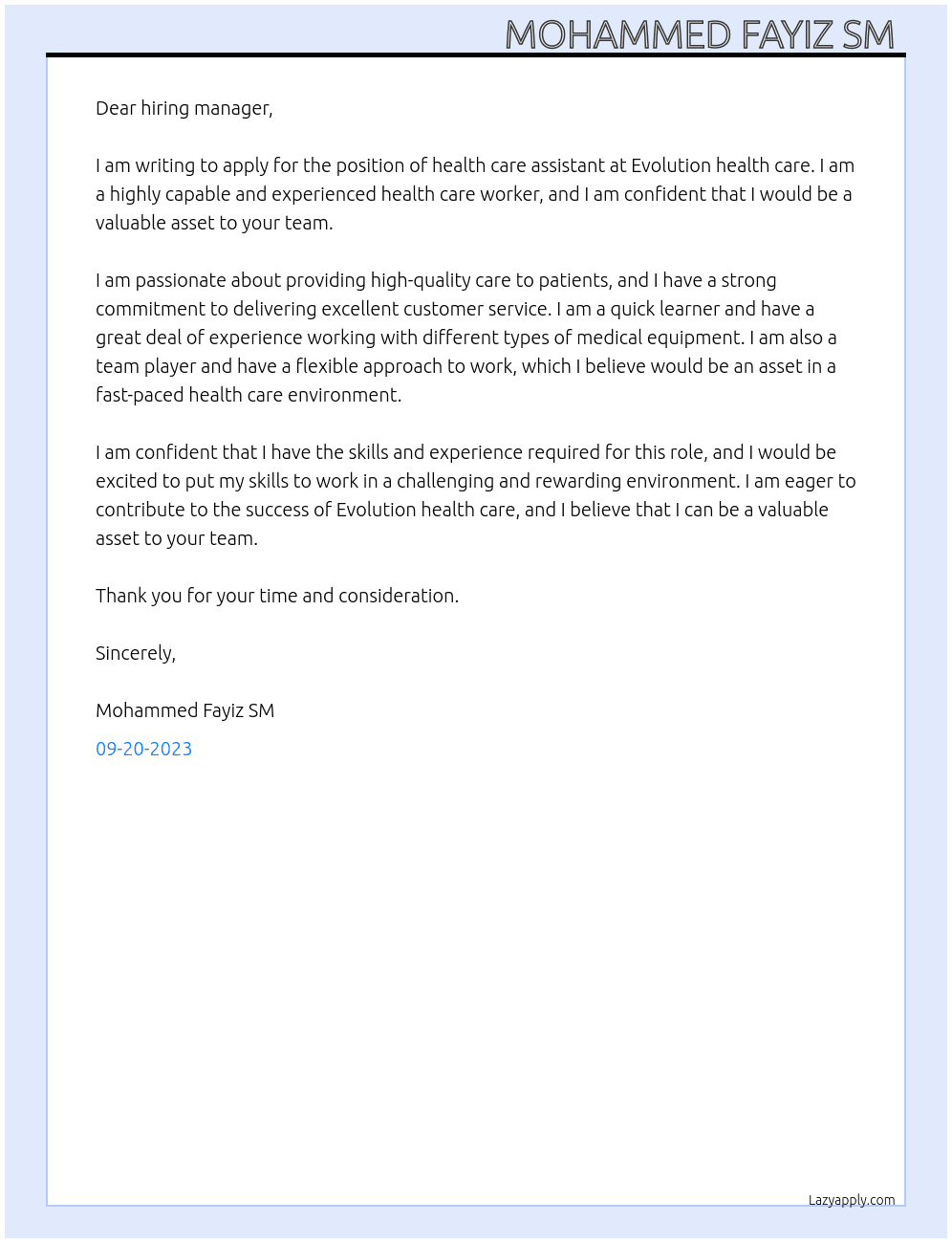 Health care assistant  At Evolution health care  Cover Letter