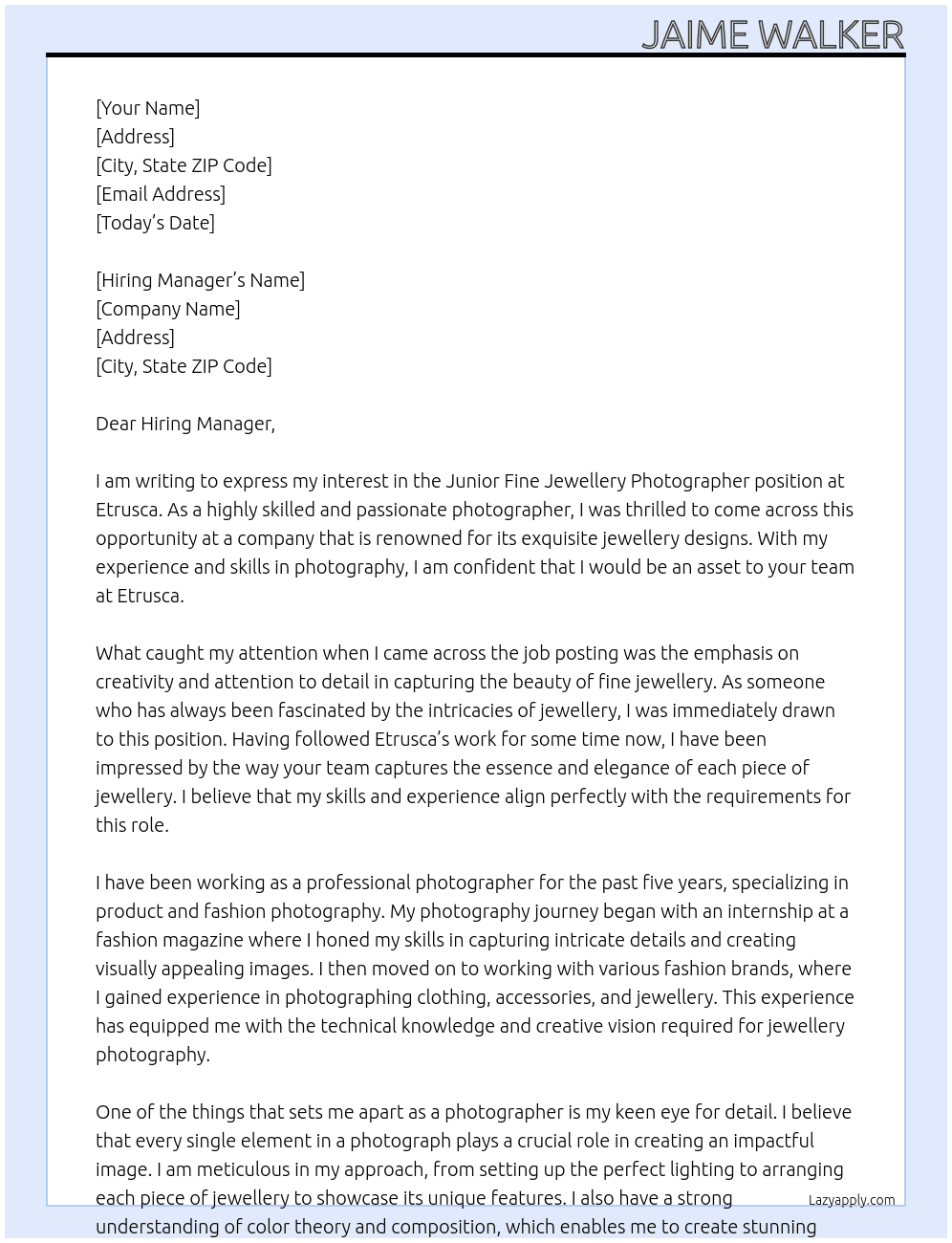 Junior Fine Jewellery Photographer At Etrusca Cover Letter