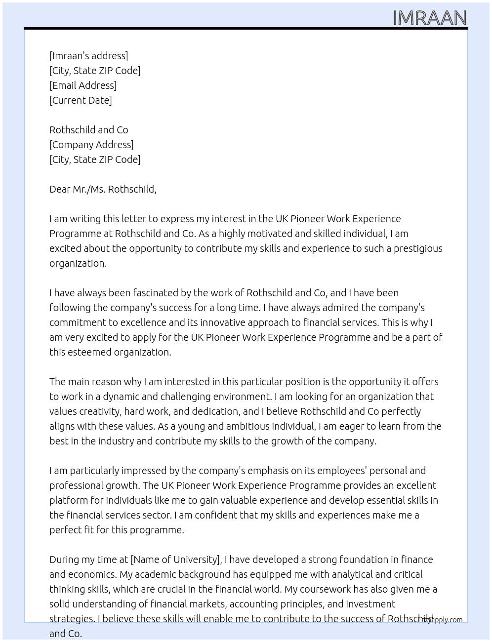 UK Pioneer Work Experience Programme At Rothschild and Co Cover Letter