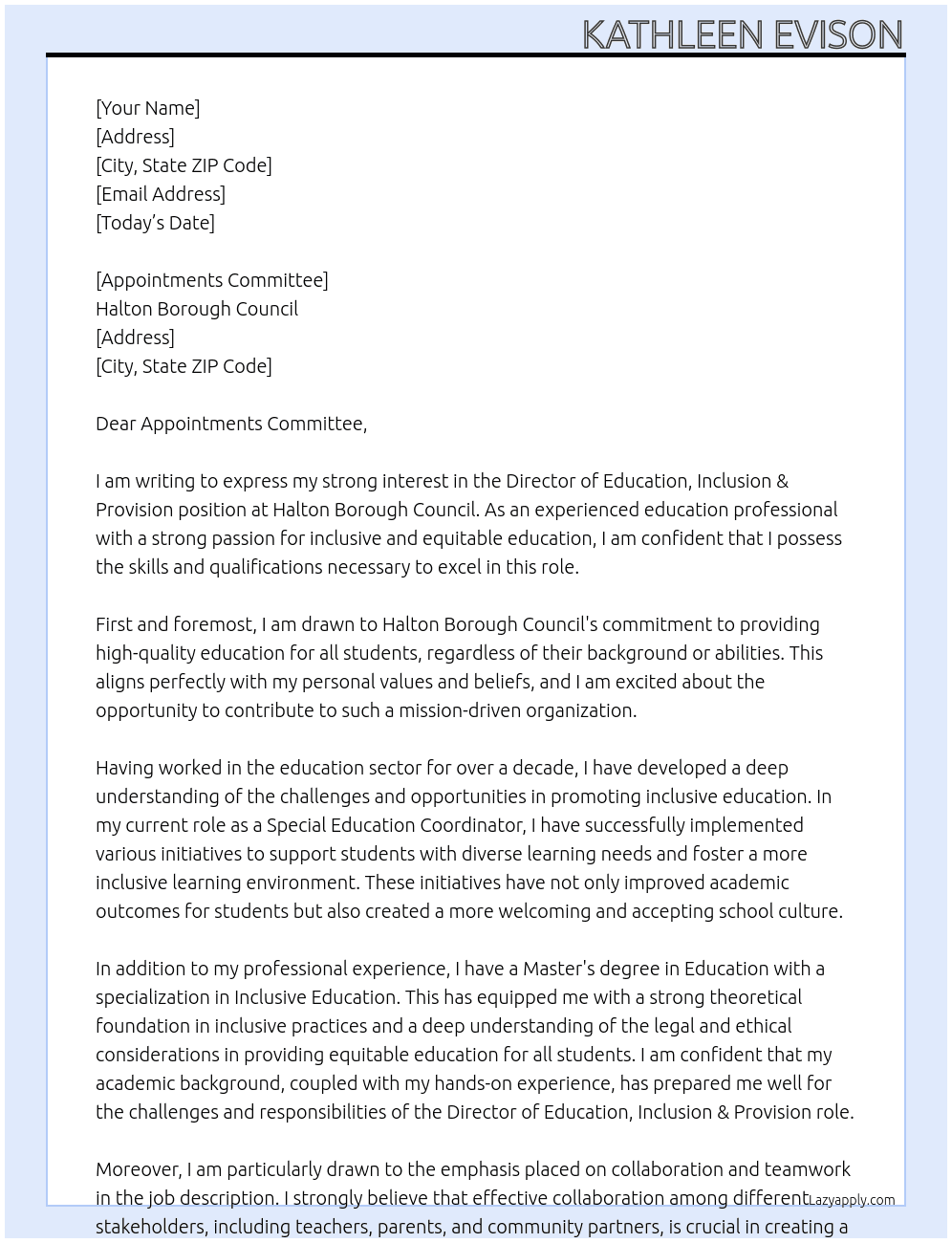 Director of Education, Inclusion & Provision At Halton Borough Council Cover Letter