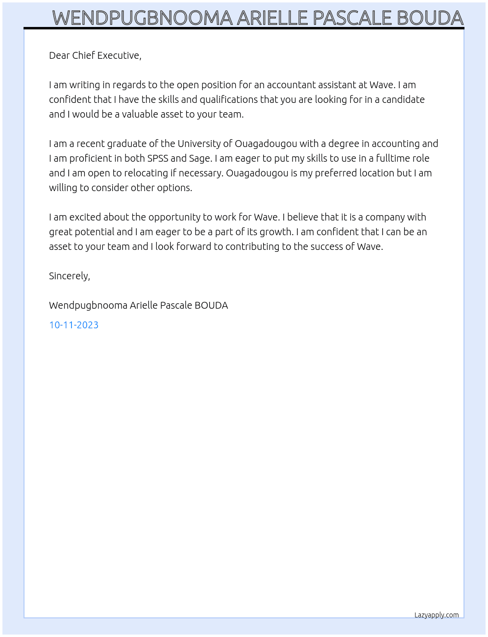 Accountant Assistant At Wave Cover Letter