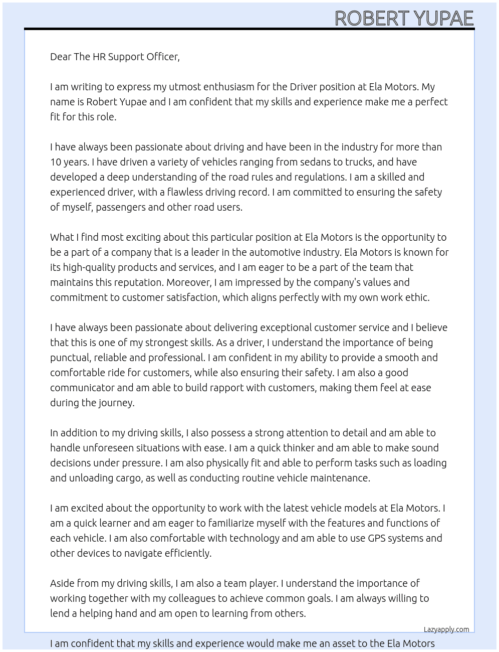 Driver At Ela Motrs Cover Letter