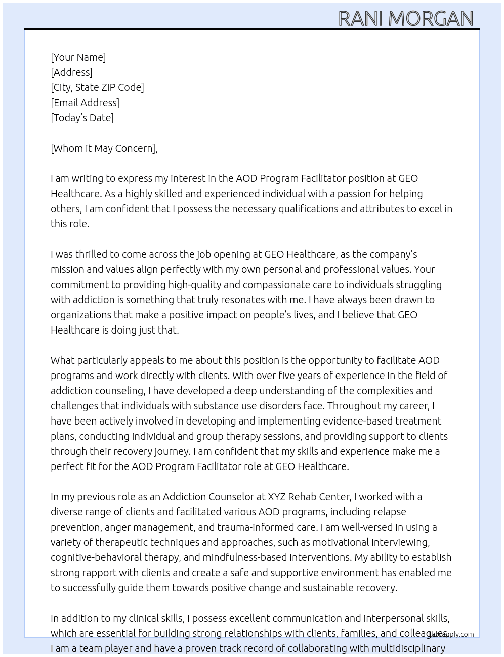 AOD Program Facilitator  At GEO Healthcare  Cover Letter