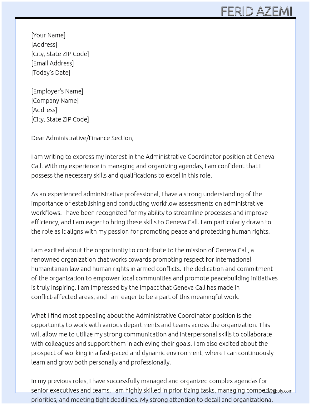  Administrative Coordinator At Geneva Call Cover Letter