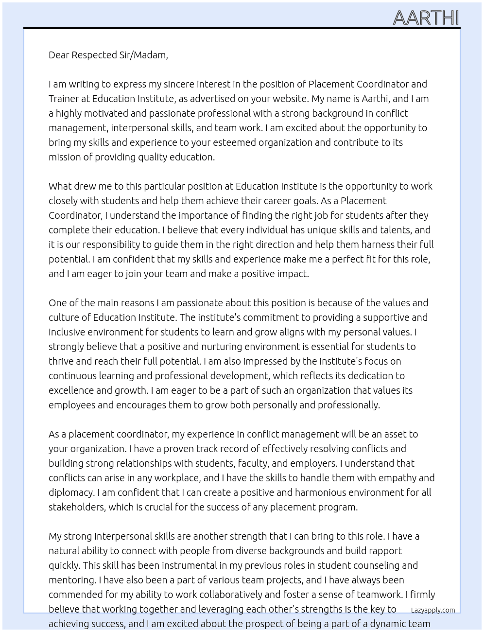 Placement coordinator and Trainer At Education Institute Cover Letter