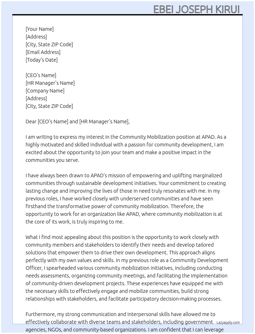 Community mobilization  At APAD Cover Letter