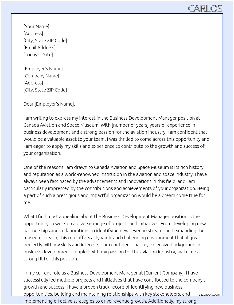 Business Development Manager At Canada Aviation and Space Museum Cover Letter