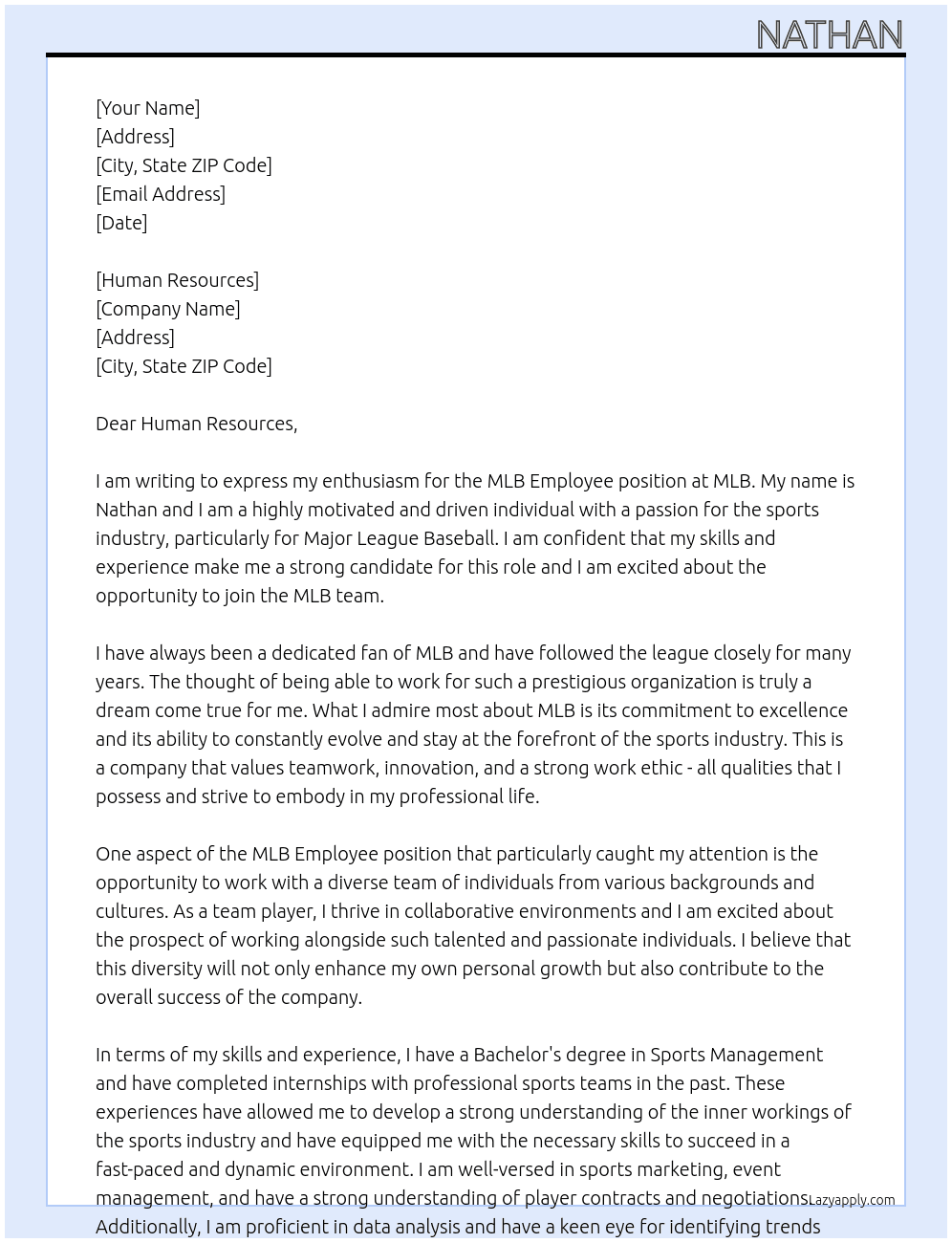 MLB Employee At MLB Cover Letter