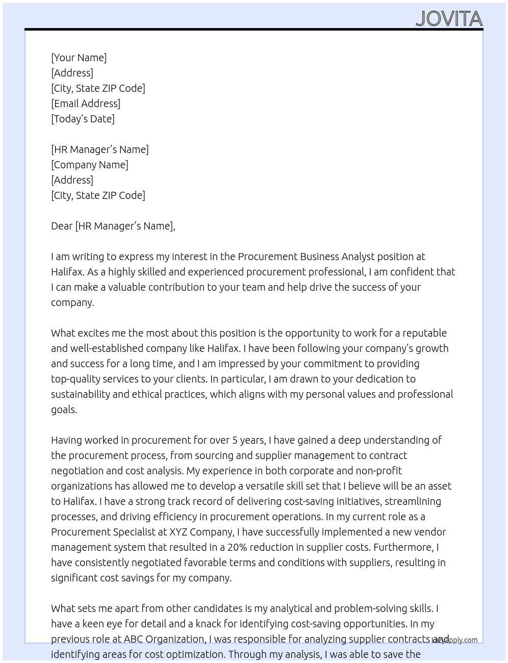 Procurement Business Analyst At Halifax Cover Letter