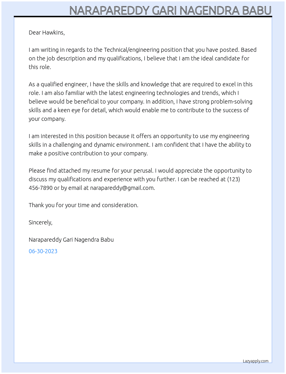Technical /engineering At Hawkins Cover Letter