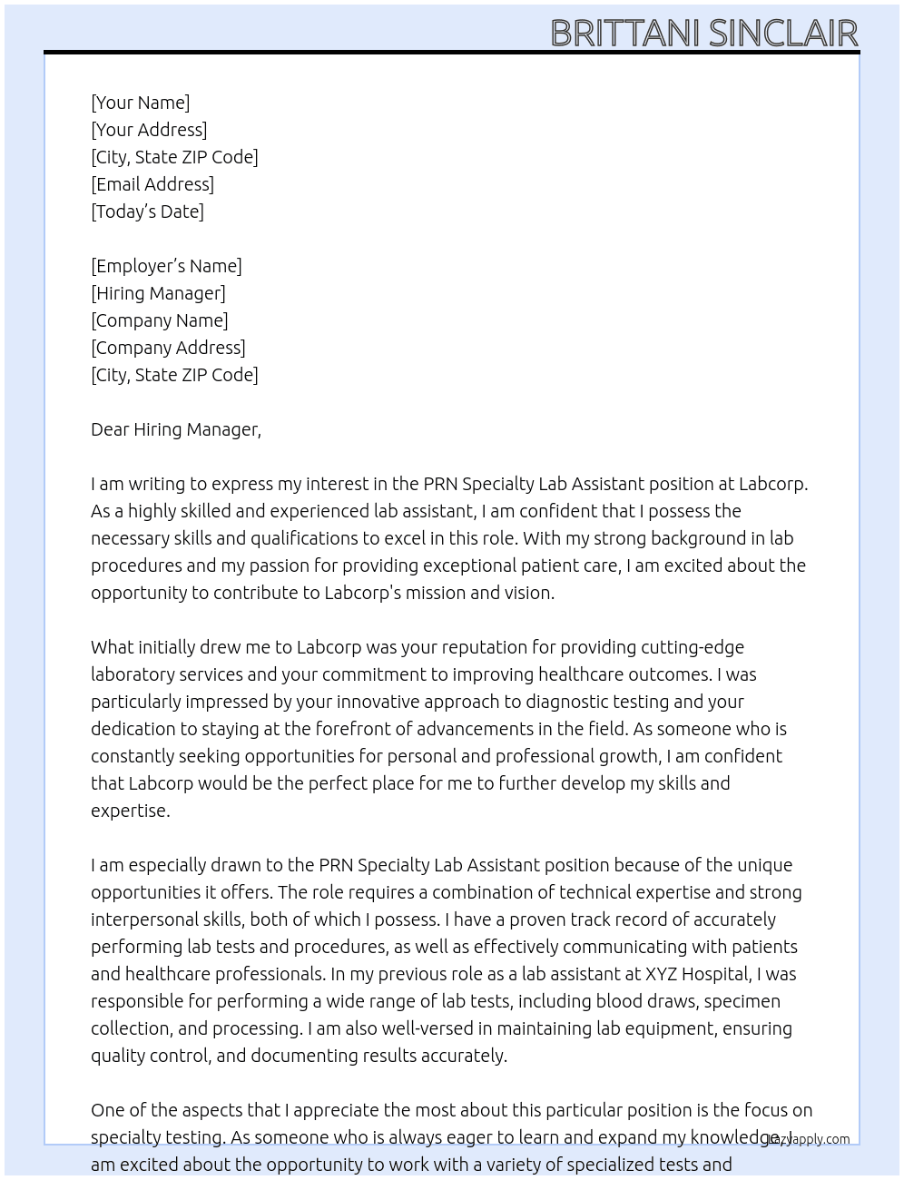 PRN Specialty Lab Assistant At Labcorp Cover Letter