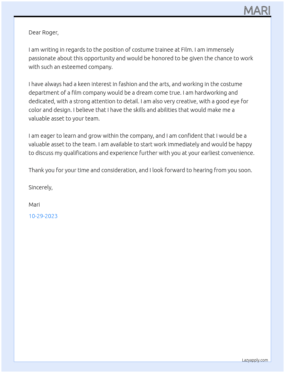 costume trainee At film Cover Letter