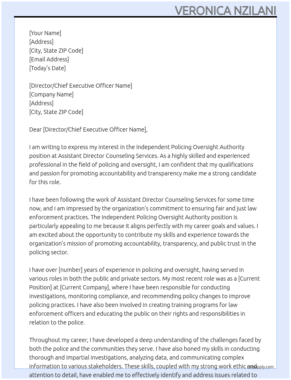 Independent Policing Oversight Authority At Assistant Director Counseling Services Cover Letter