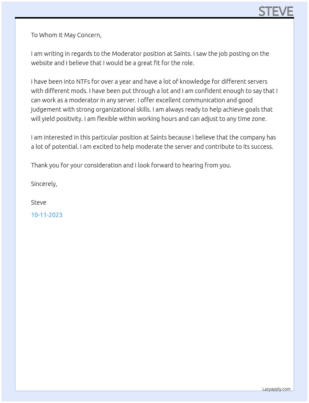 Moderator  At Saints Cover Letter
