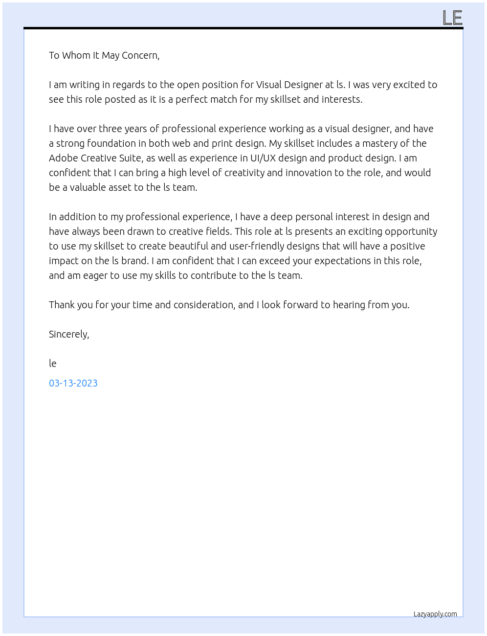 Visual Designer At ls Cover Letter
