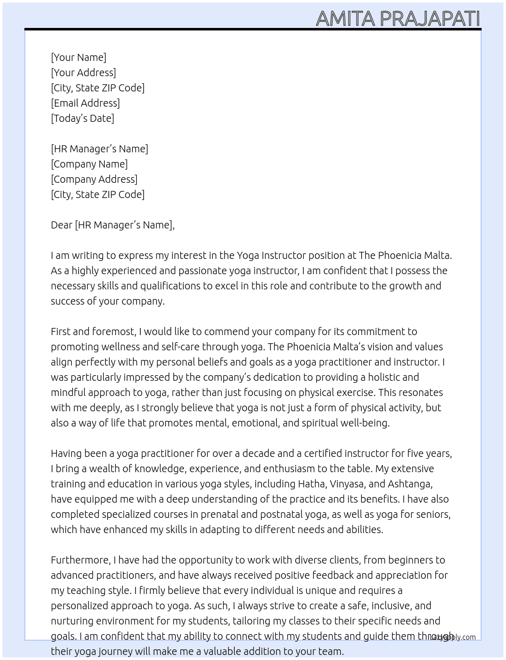 Yoga instructor At  The Phoenicia Malta Cover Letter