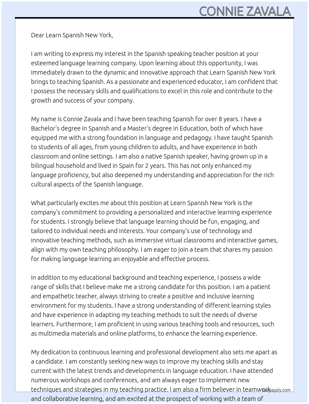 Spanish speaking teacher At Learn Spanish New York Cover Letter