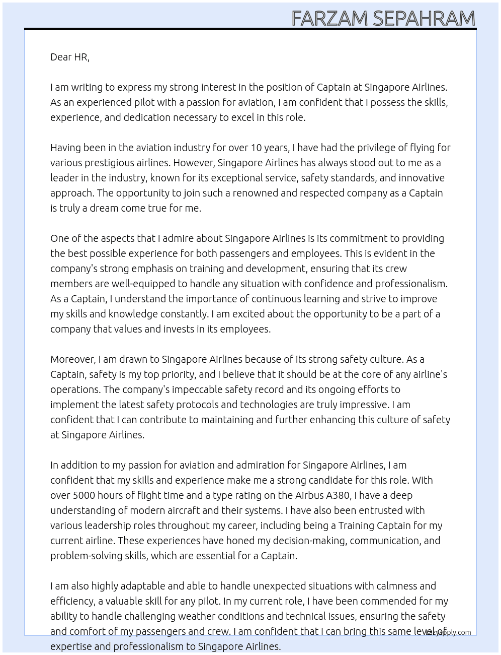 Captain At Singapore Airline Cover Letter