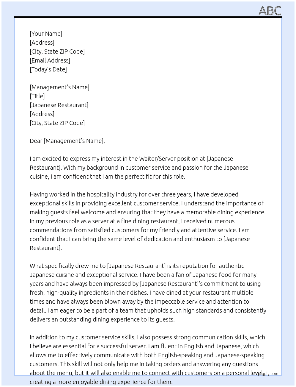 Waiter/Server At Japanese restaurant Cover Letter