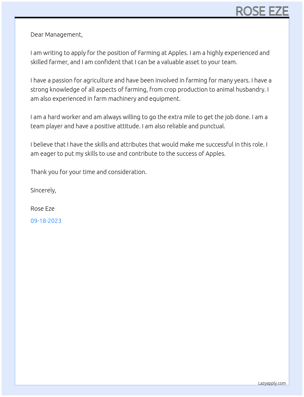 Farming  At Apples Cover Letter