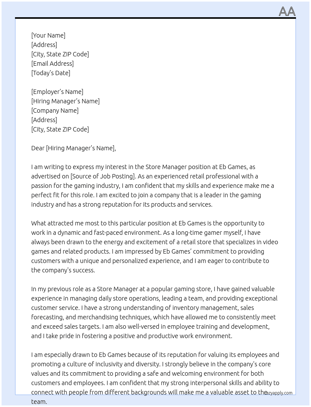 Store manager At Eb Games Cover Letter