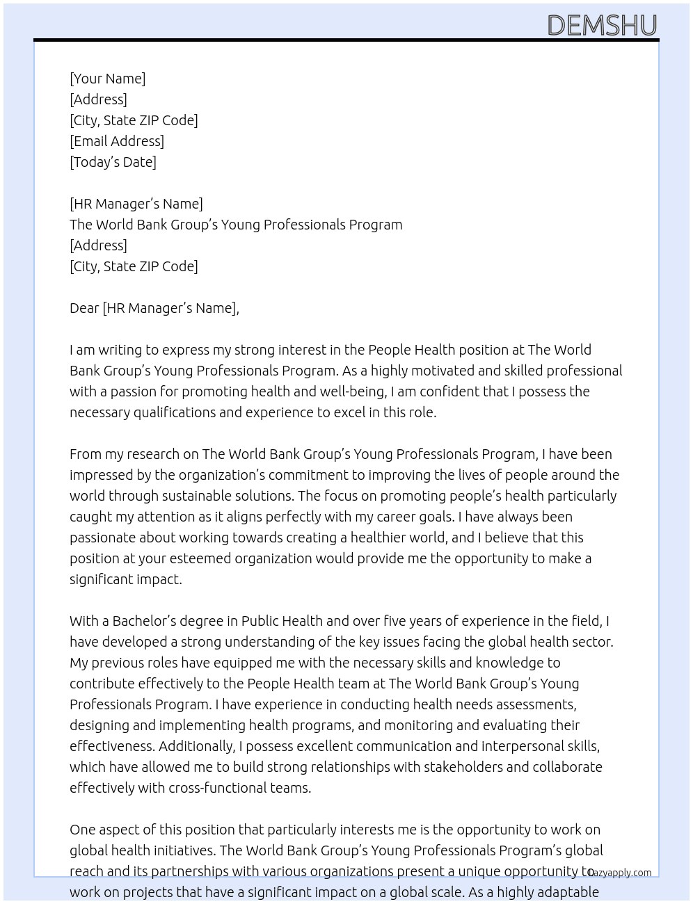 People Health  At The World Bank Group’s Young Professionals Program Cover Letter