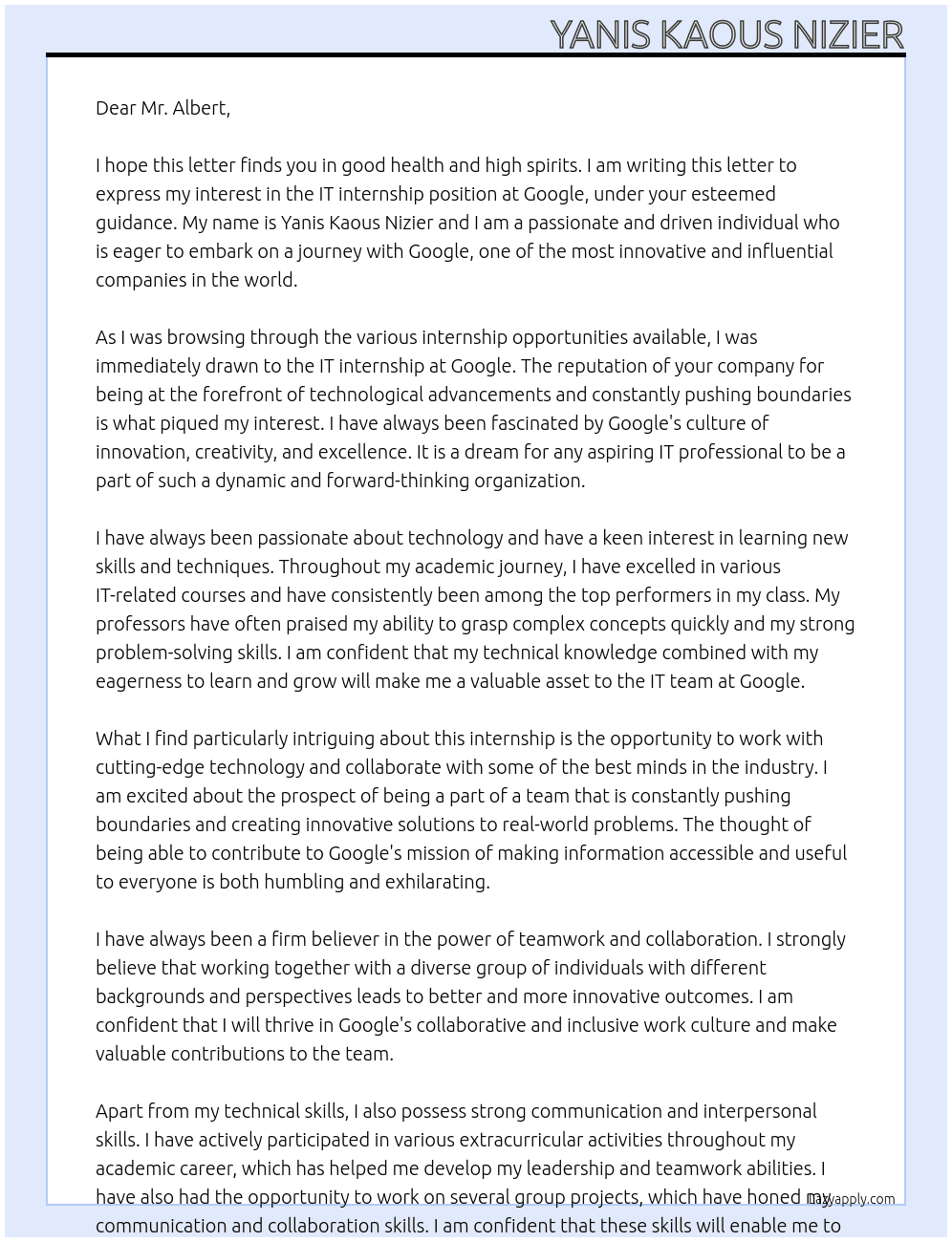 It internship At google Cover Letter