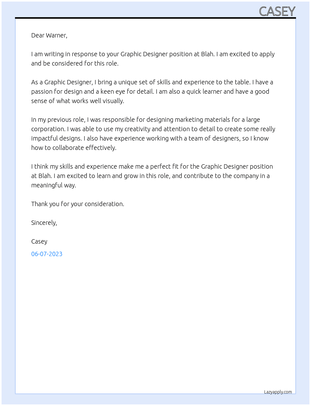 Graphic Designer At Blah Cover Letter