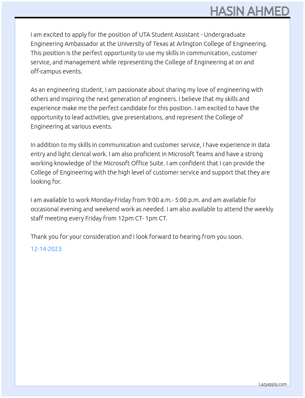 UTA Student Assistant - Undergraduate Engineering Ambassador At University of Texas at Arlington College of Engineering Cover Letter