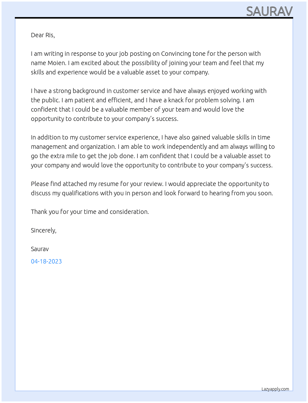 Any job At Ris Cover Letter