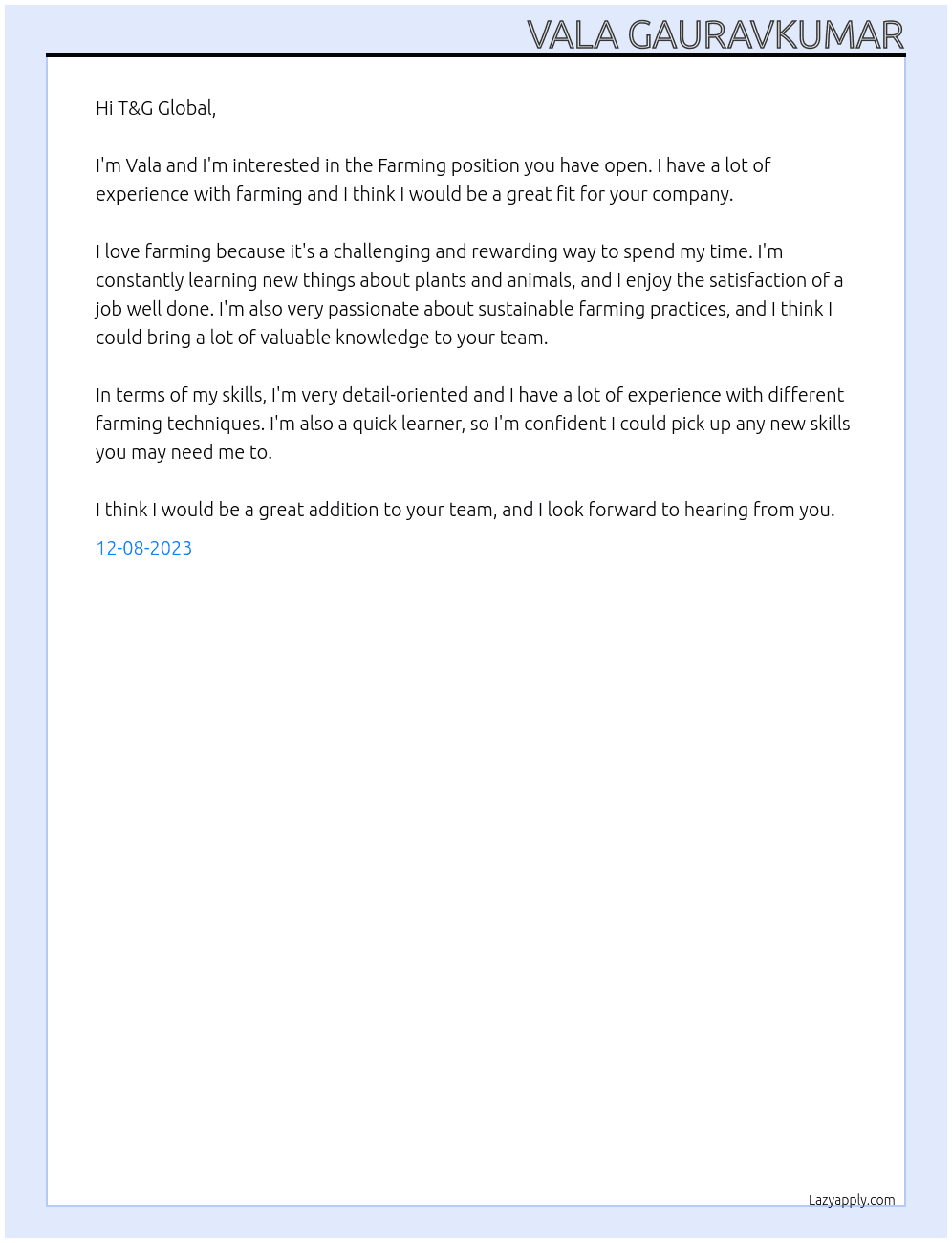 Farming  At T&G Global  Cover Letter