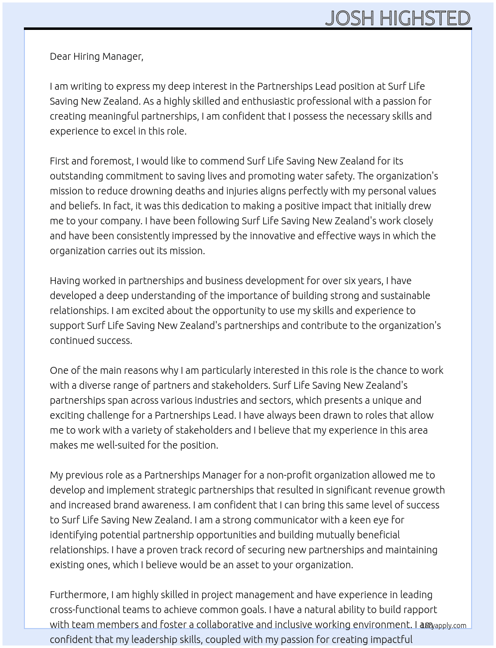 Partnerships Lead At Surf Life Saving New Zealand Cover Letter