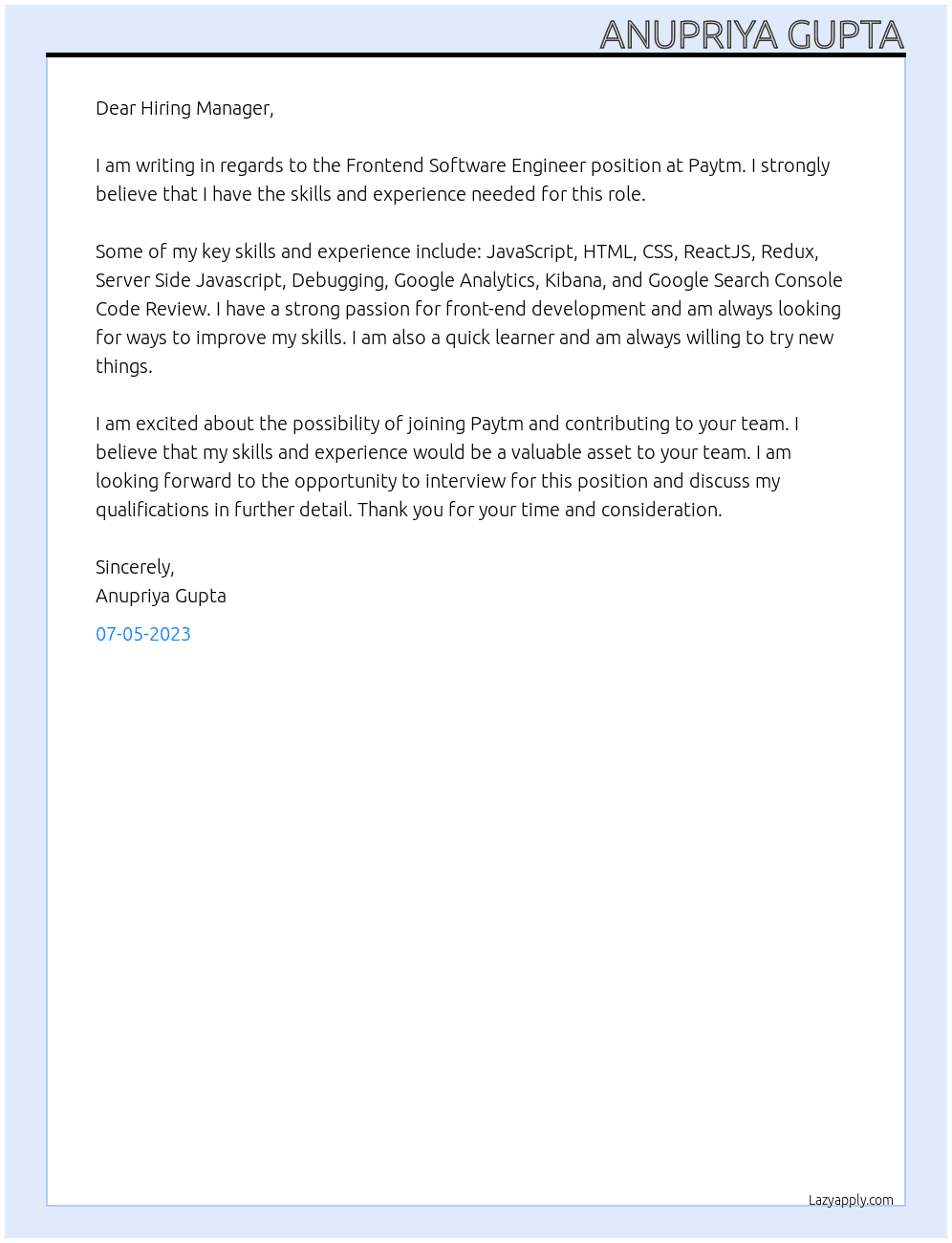 Frontend - Software Engineer At Paytm Cover Letter