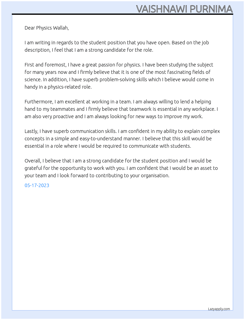 Student At Physics wallah Cover Letter