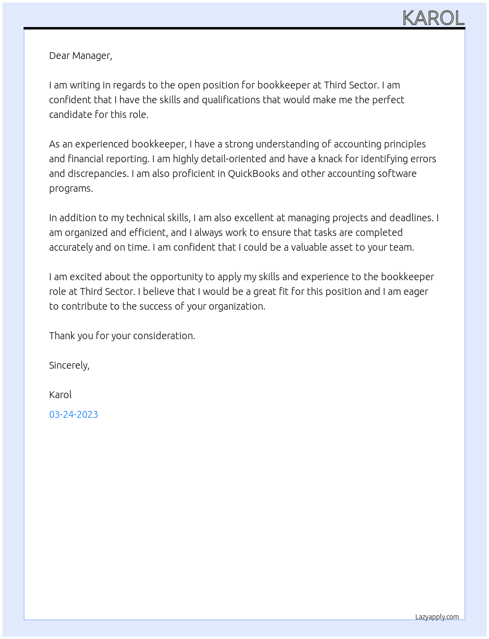 Bookkeeper  At Third Secter Cover Letter