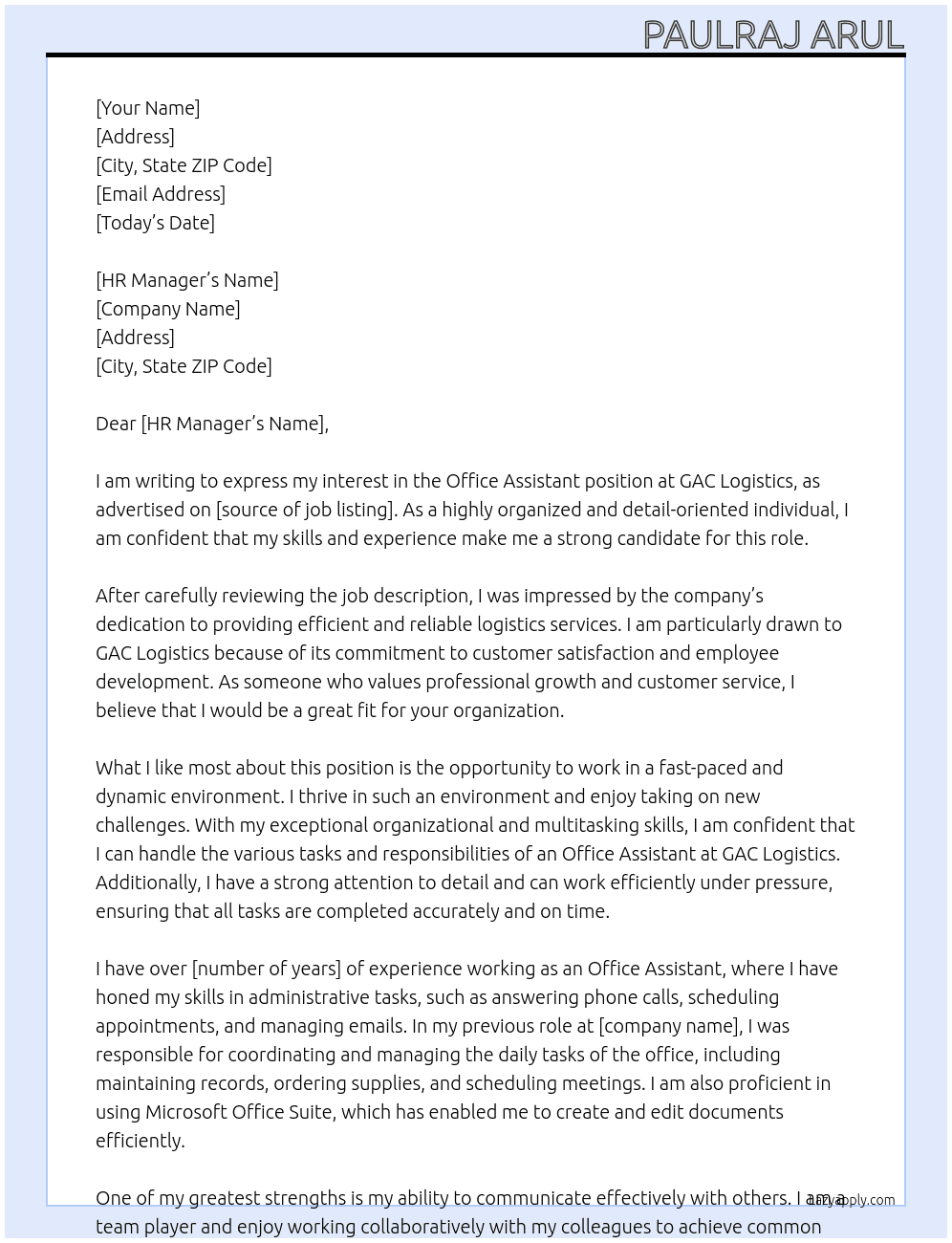 office assitant At GAC LOGISTICS Cover Letter