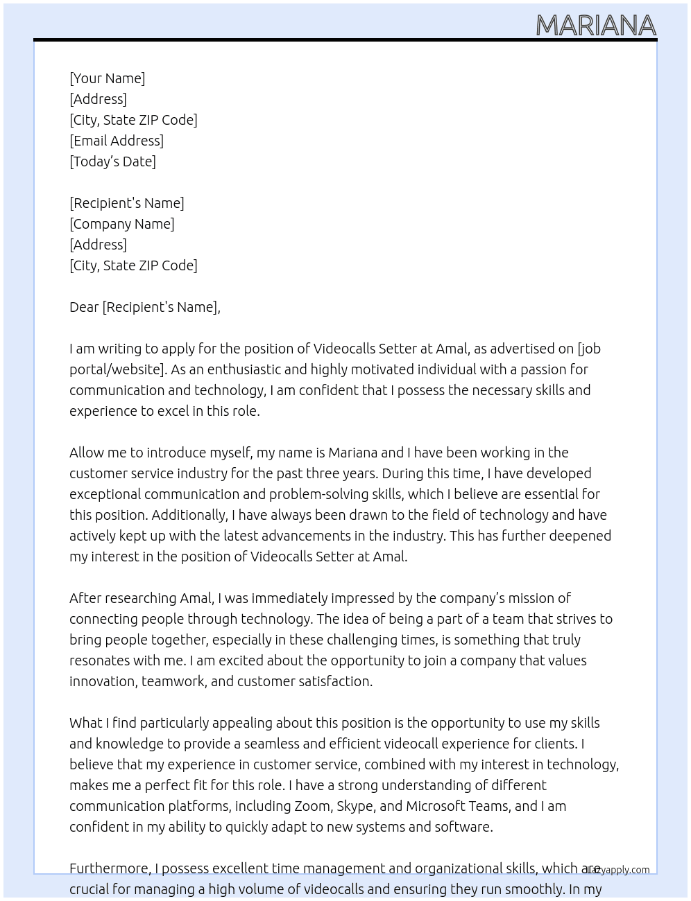 videocalls setter At Amal Cover Letter