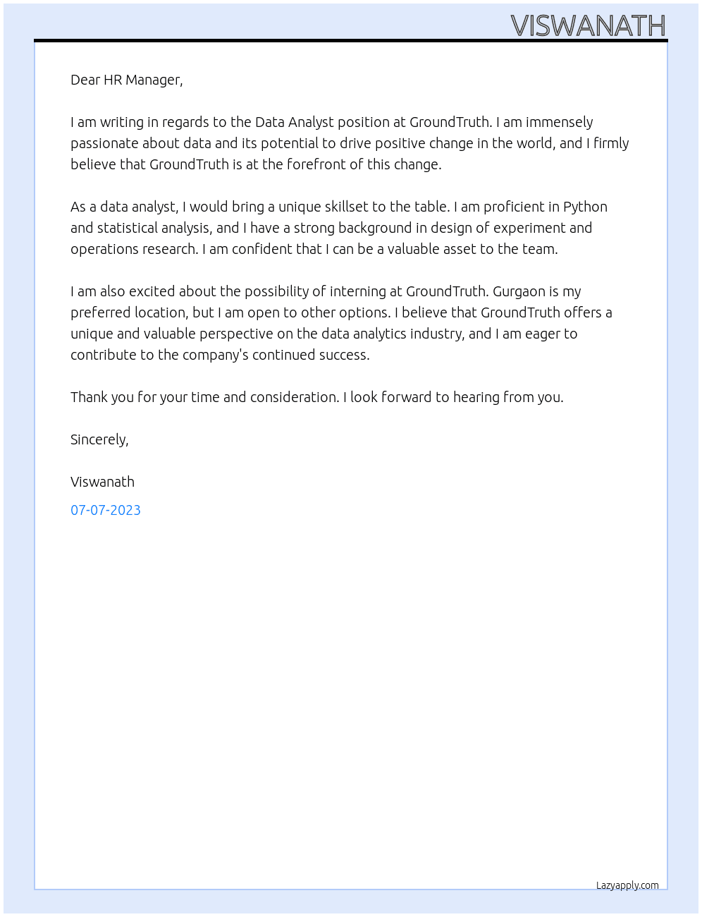 data analyst  At groundtruth Cover Letter