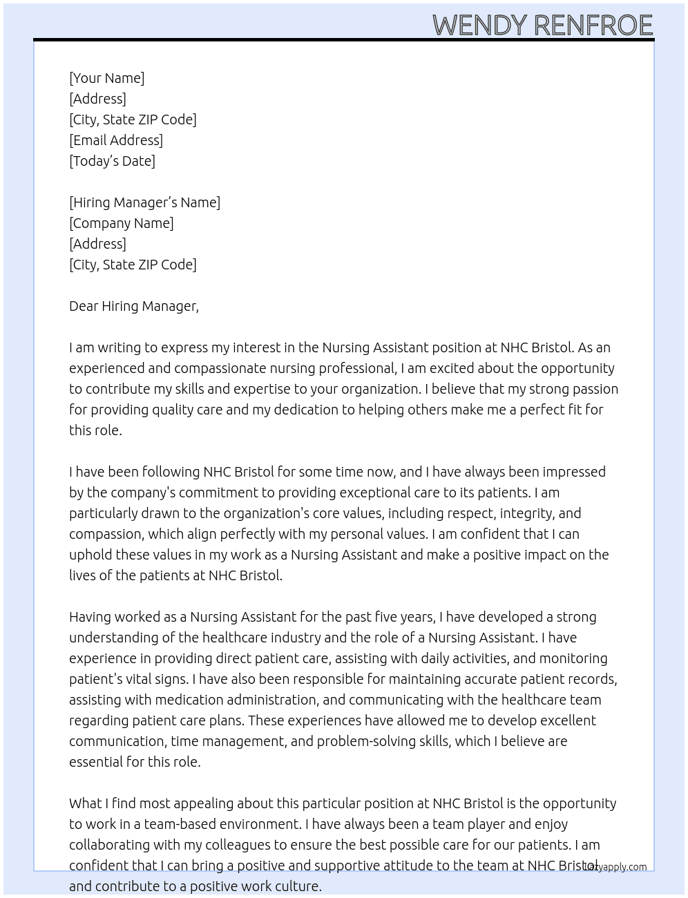 Nursing Assistant At NHC Bristol Cover Letter