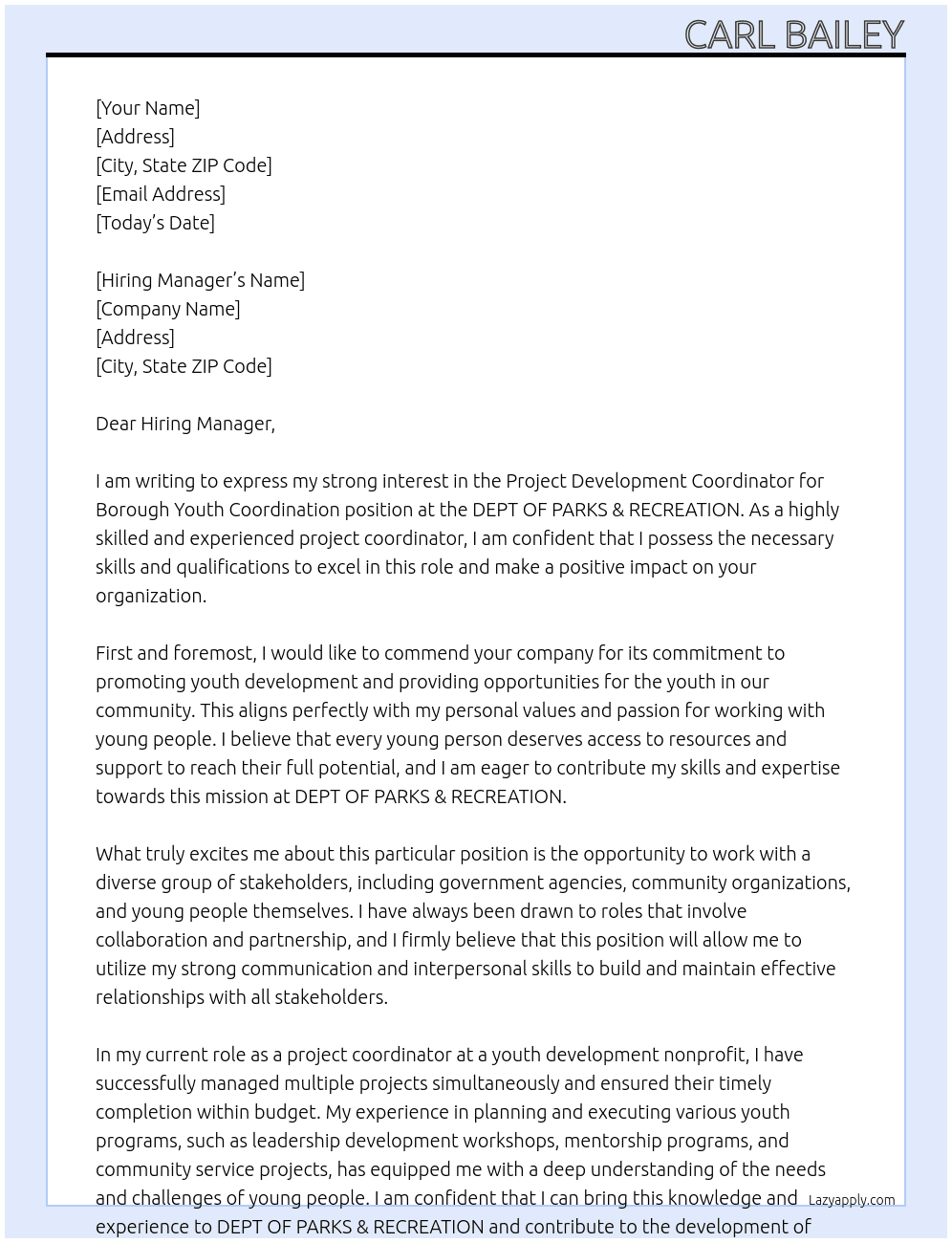 Project Development Coordinator for Borough Youth Coordination At DEPT OF PARKS & RECREATION Cover Letter