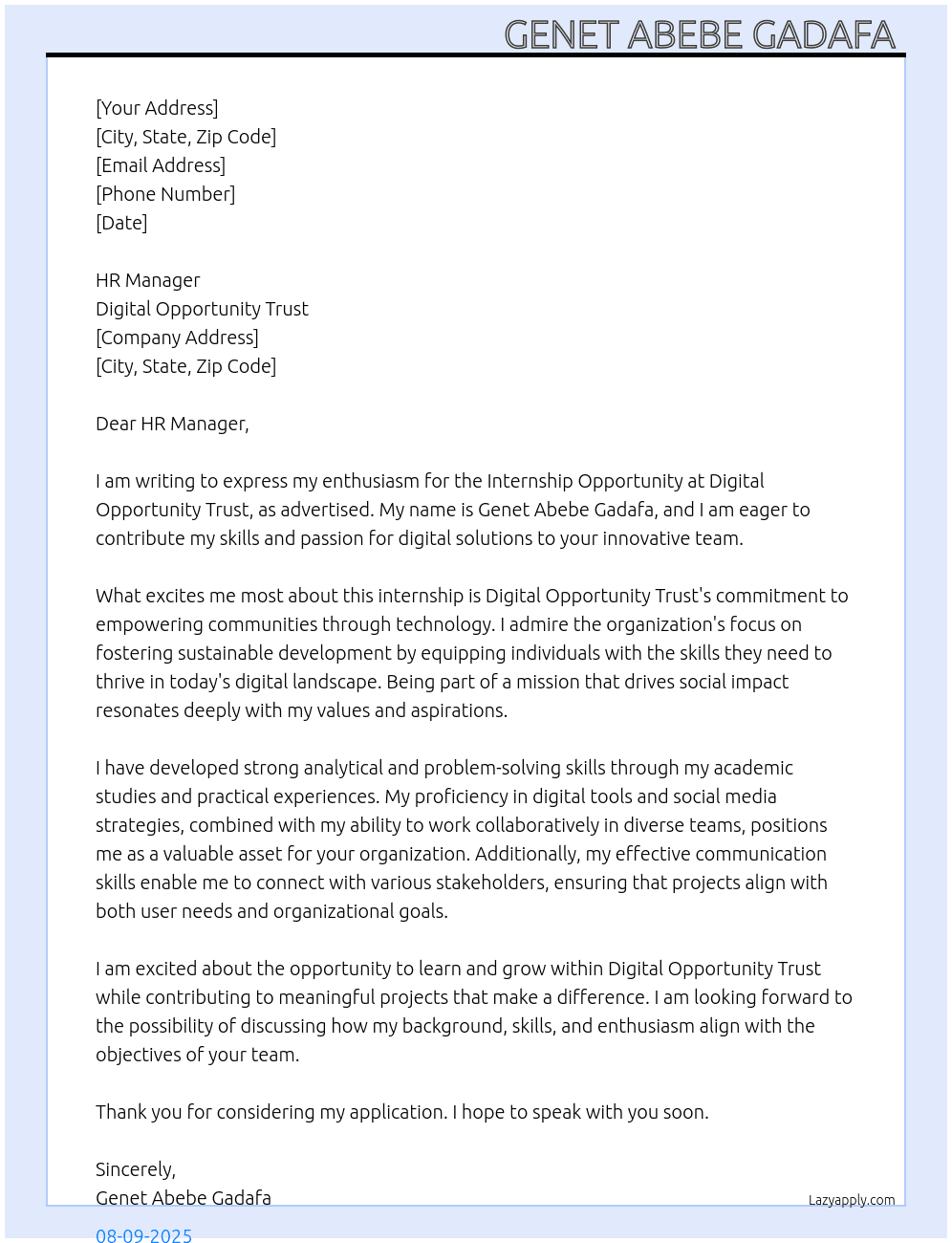 Internship Opportunity  At Digital Opportunity Trust  Cover Letter