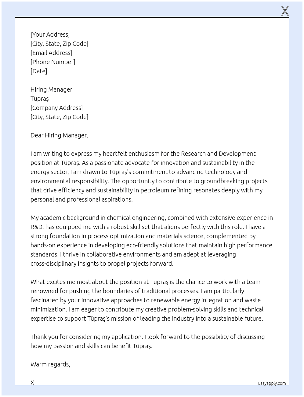 Research and development  At Tüpraş Cover Letter