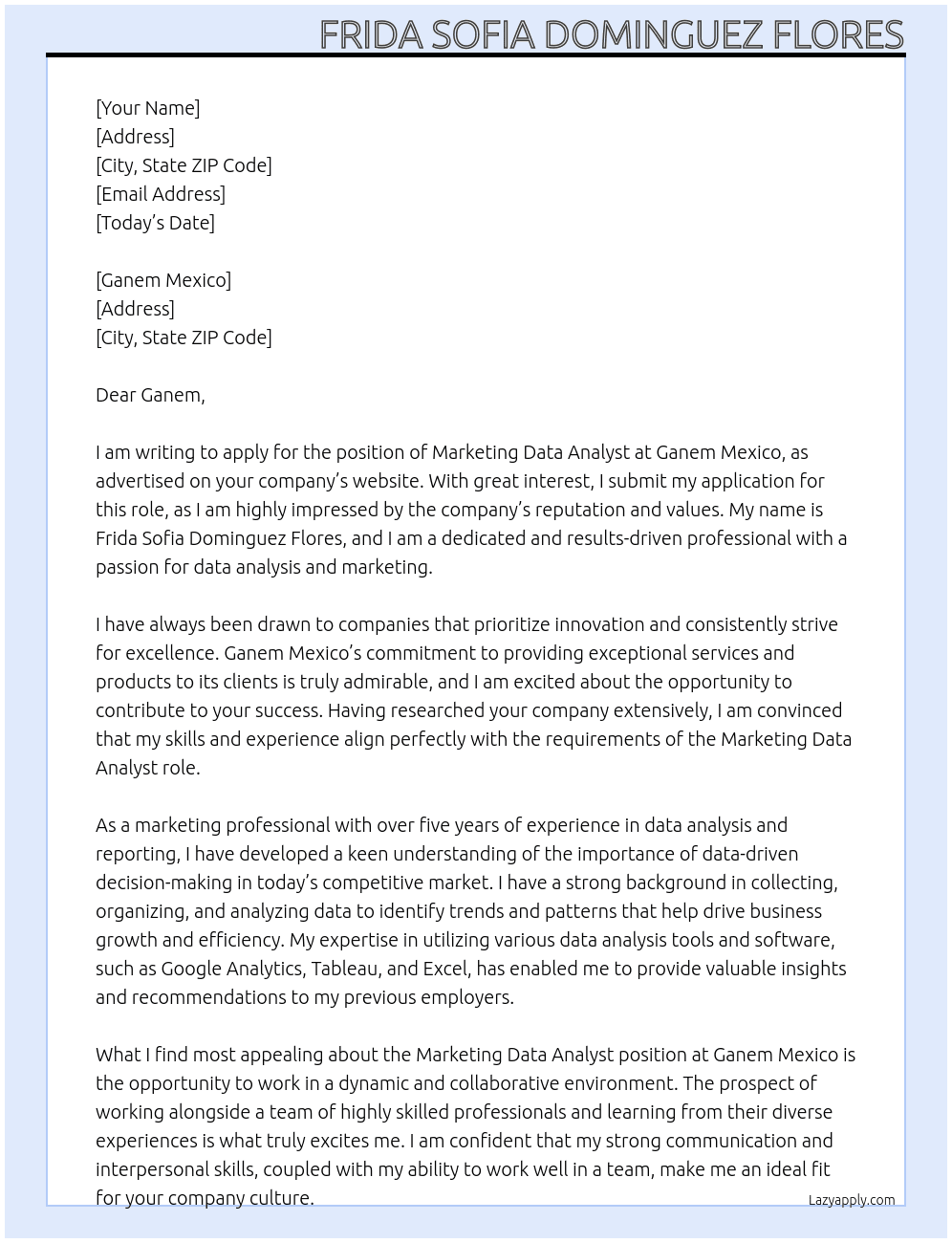 MARKETING DATA ANALYST At Ganem Mexico Cover Letter