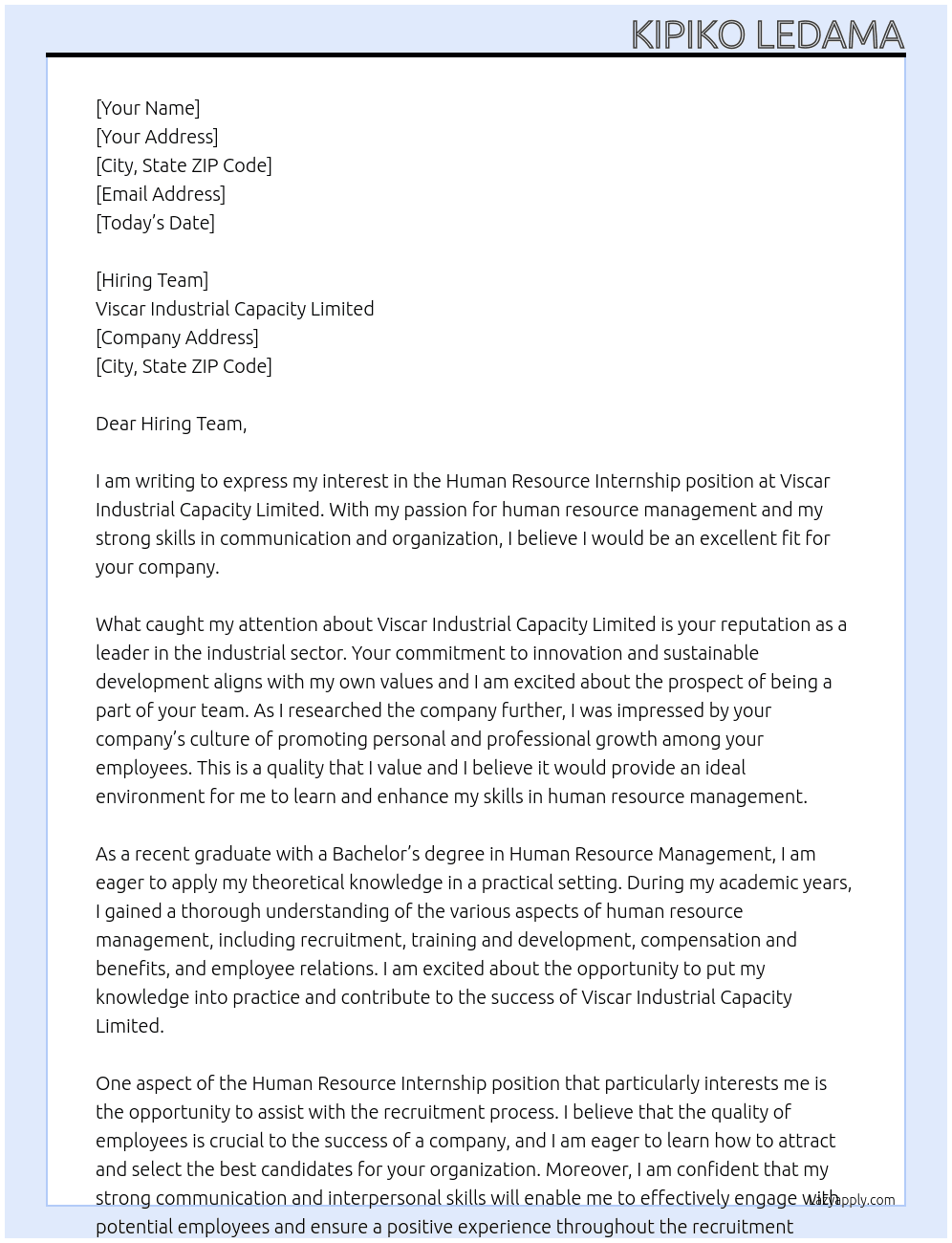 Human Resource Internship  At Viscar industrial capacity limited Cover Letter