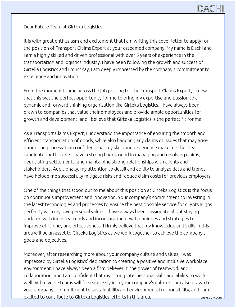 Transport Claims Expert At Girteka Logistics Cover Letter