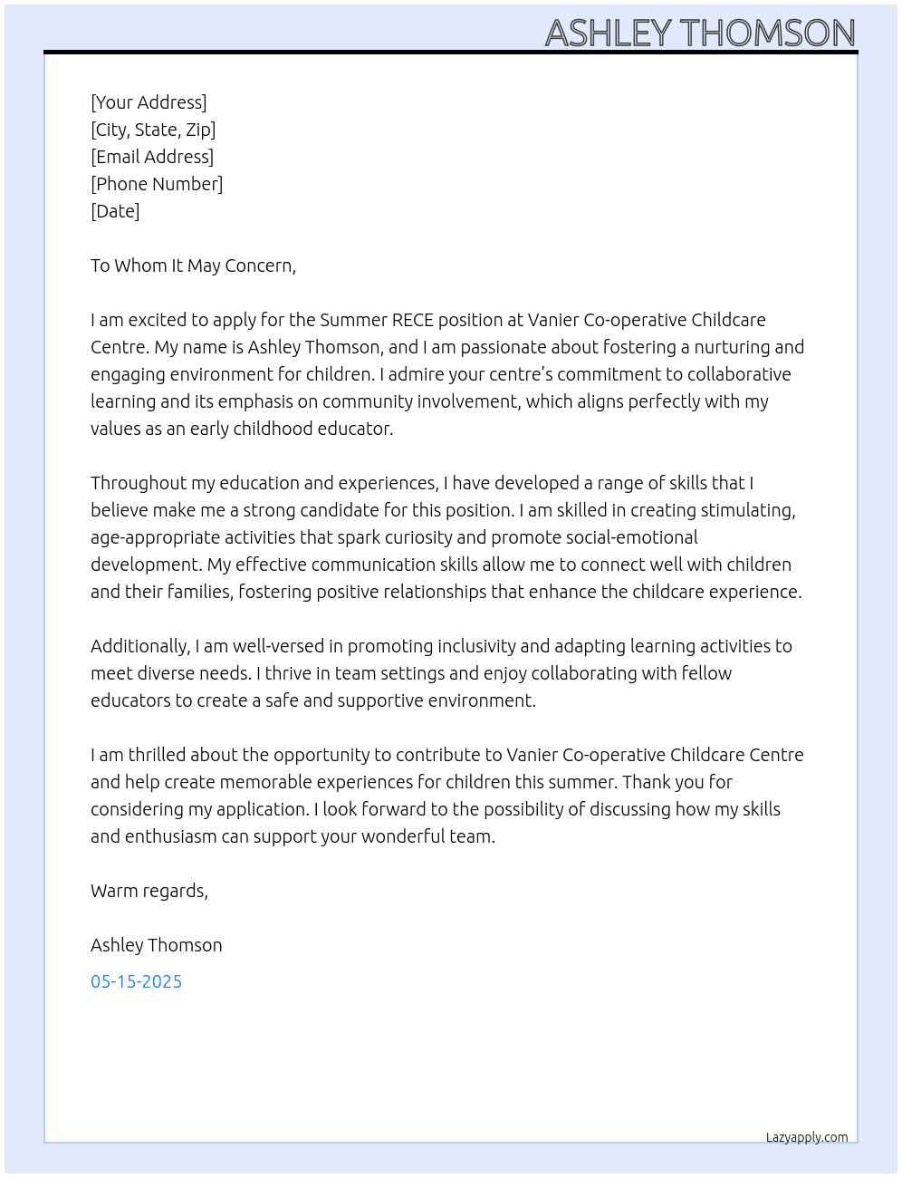 Summer RECE At Vanier Co-operative Childcare Centre Cover Letter