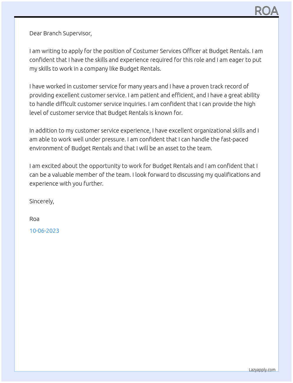 Costumer services officer At Budget Rentals Cover Letter