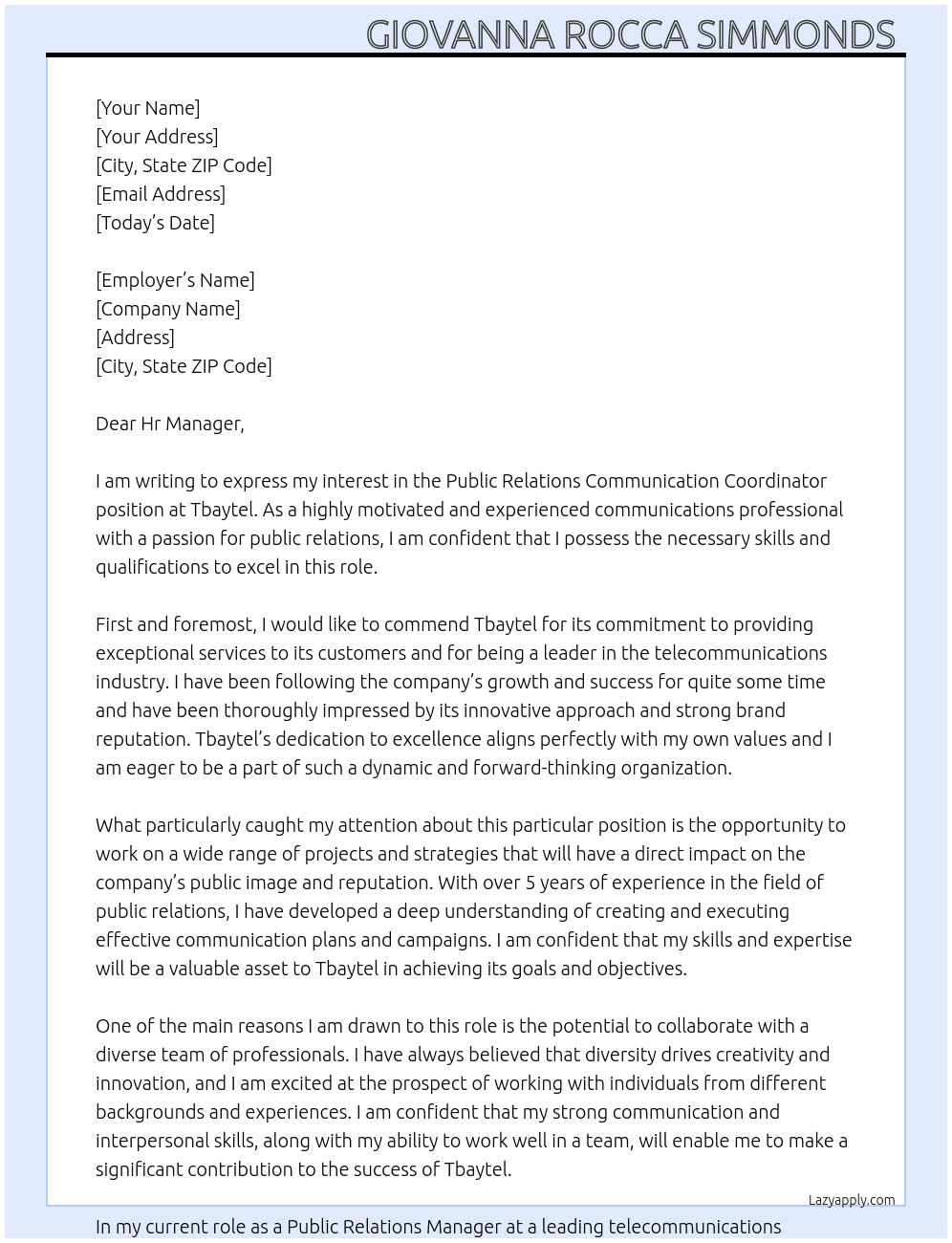  Public Relations Communication Coordinator At Tbaytel  Cover Letter