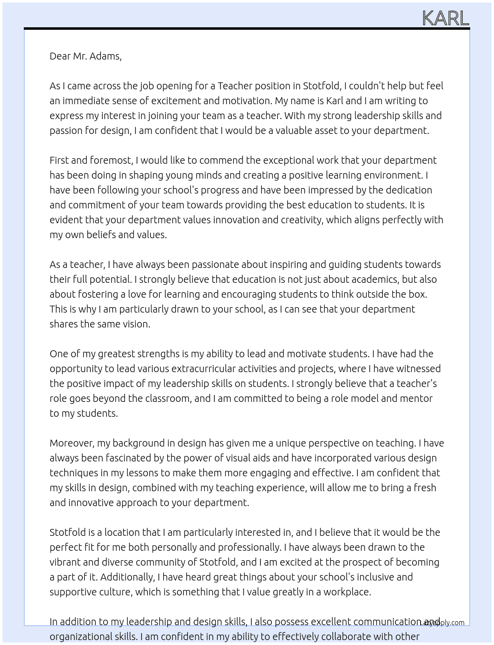 Teacher At Head of Department Cover Letter